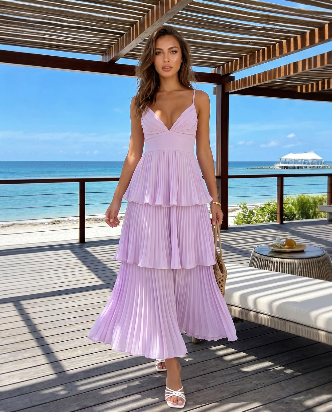 SOLACE  Lavender Pleated Tiered Spaghetti Strap Maxi Dress 