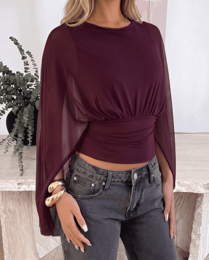 Mesh Batwing Sleeve Burgundy Draped Blouse