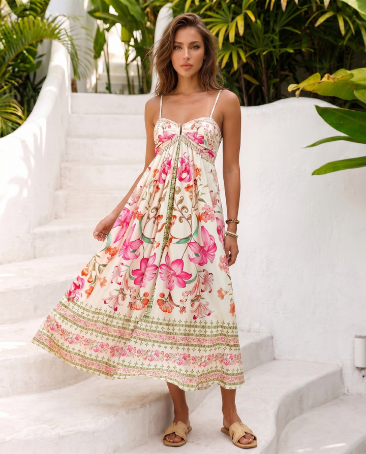 Pink Floral Spaghetti Strap Tiered Midi Dress