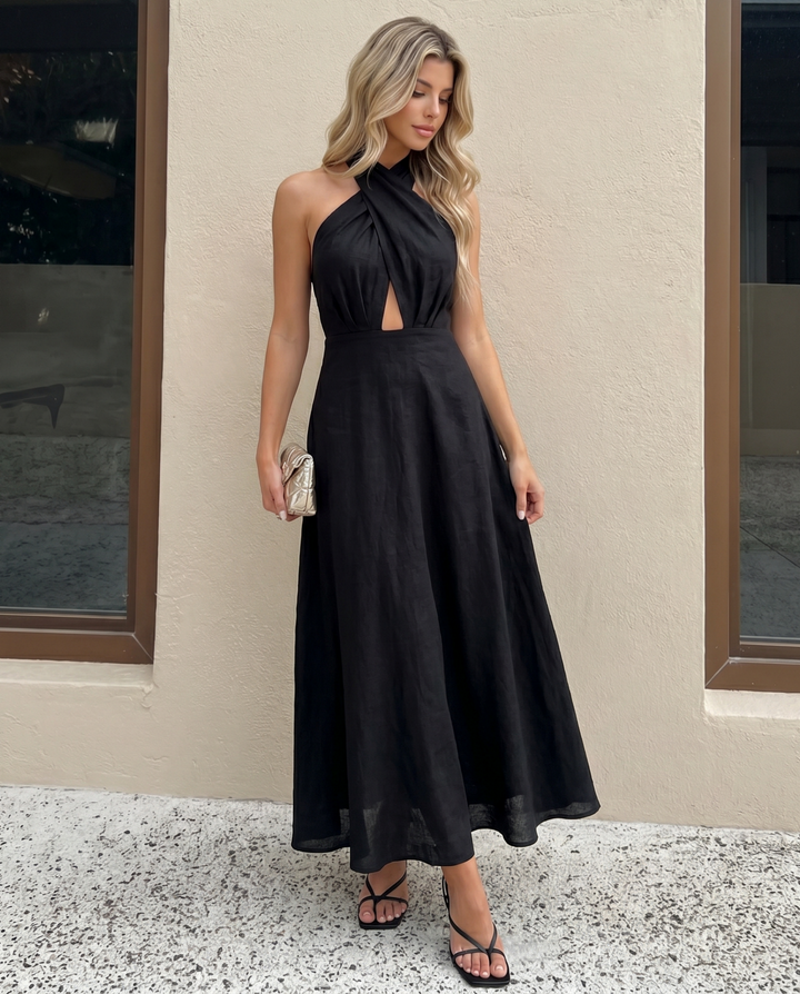 Black Cross Wrap Halter Front Keyhole Cutout Midi Dress