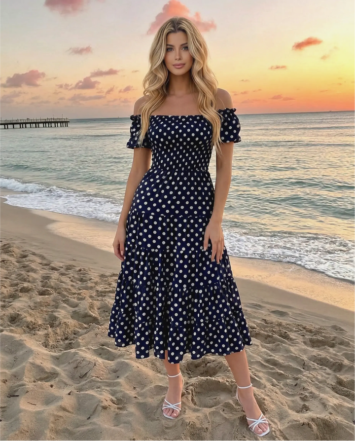 SOLACE  Navy Blue Polka Dot Off-Shoulder Tiered Midi Dress 