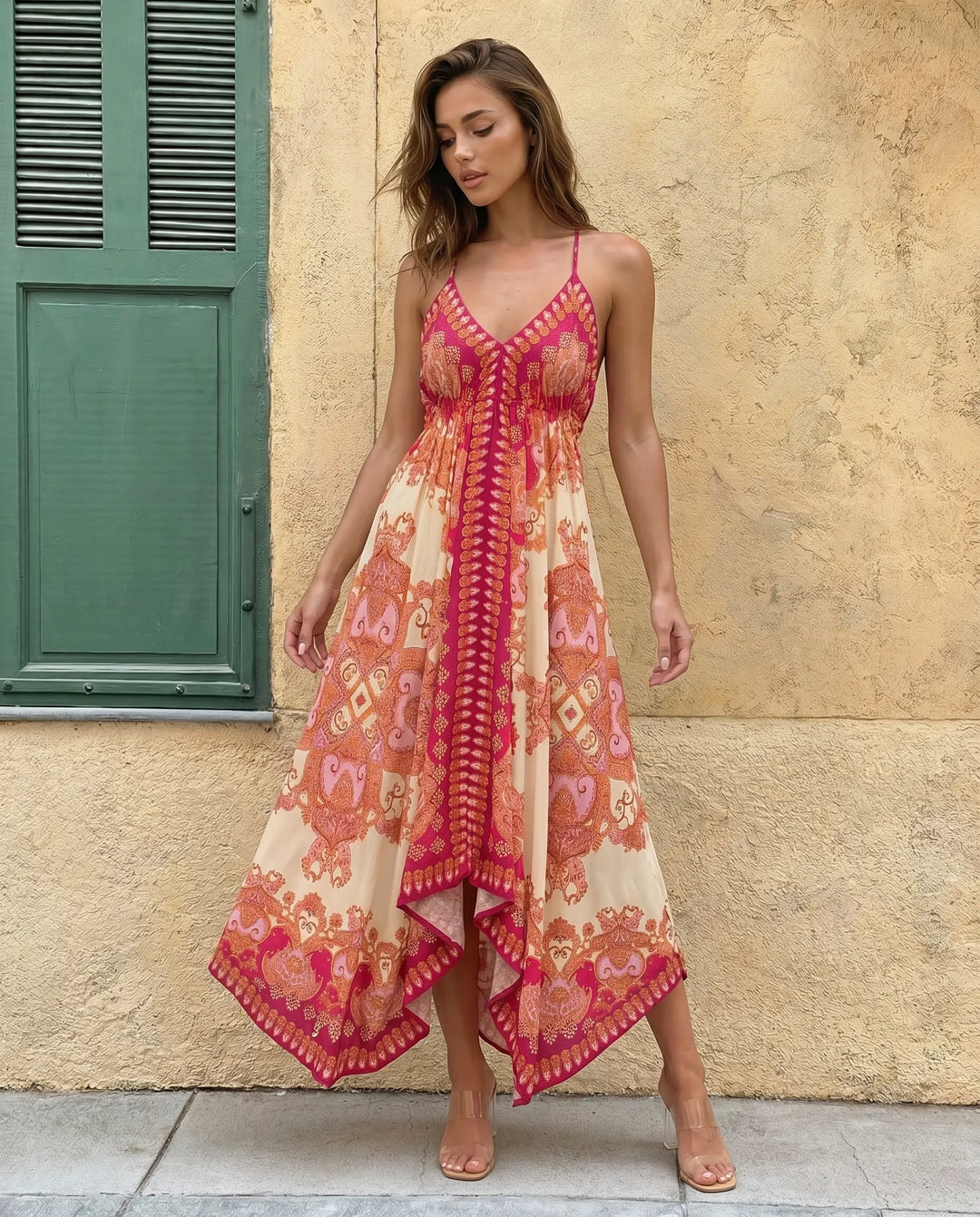 SOLACE  Floral Print Halter Neck Open Back Asymmetric Hem Midi Dress 