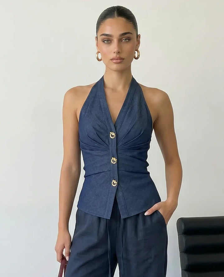 SOLACE  Dark Denim Halter Neck Peplum Blouse 