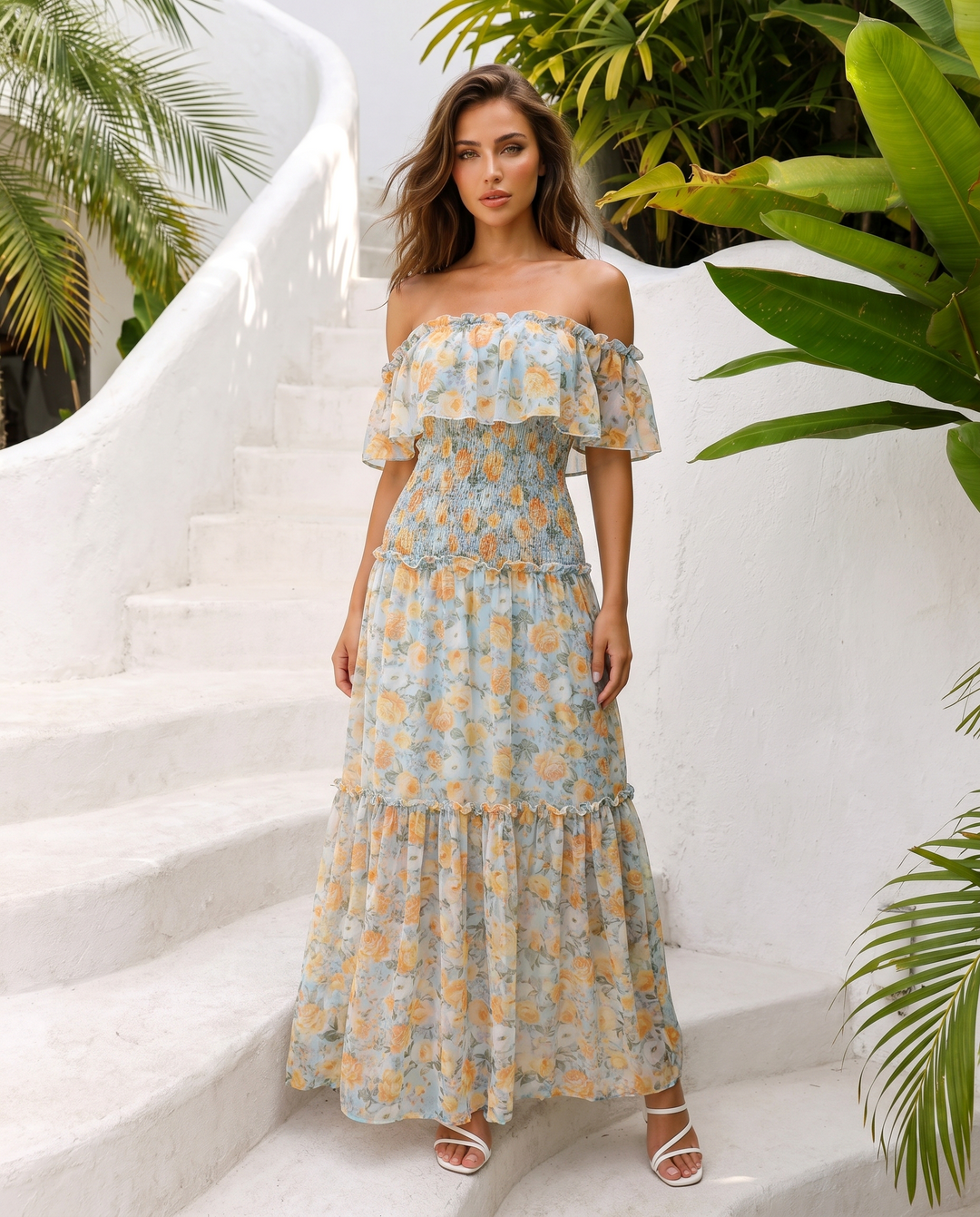 Yellow Floral Off Shoulder Smocked Tiered Chiffon Maxi Dress