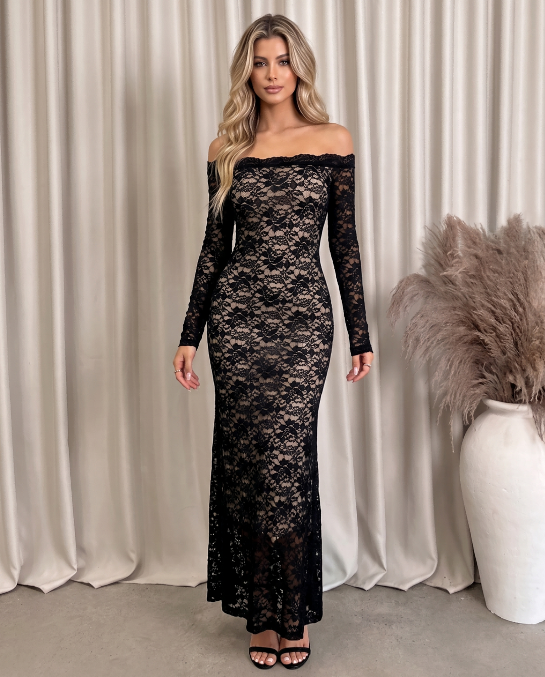 Black Floral Lace Off Shoulder Long Sleeve Maxi Dress