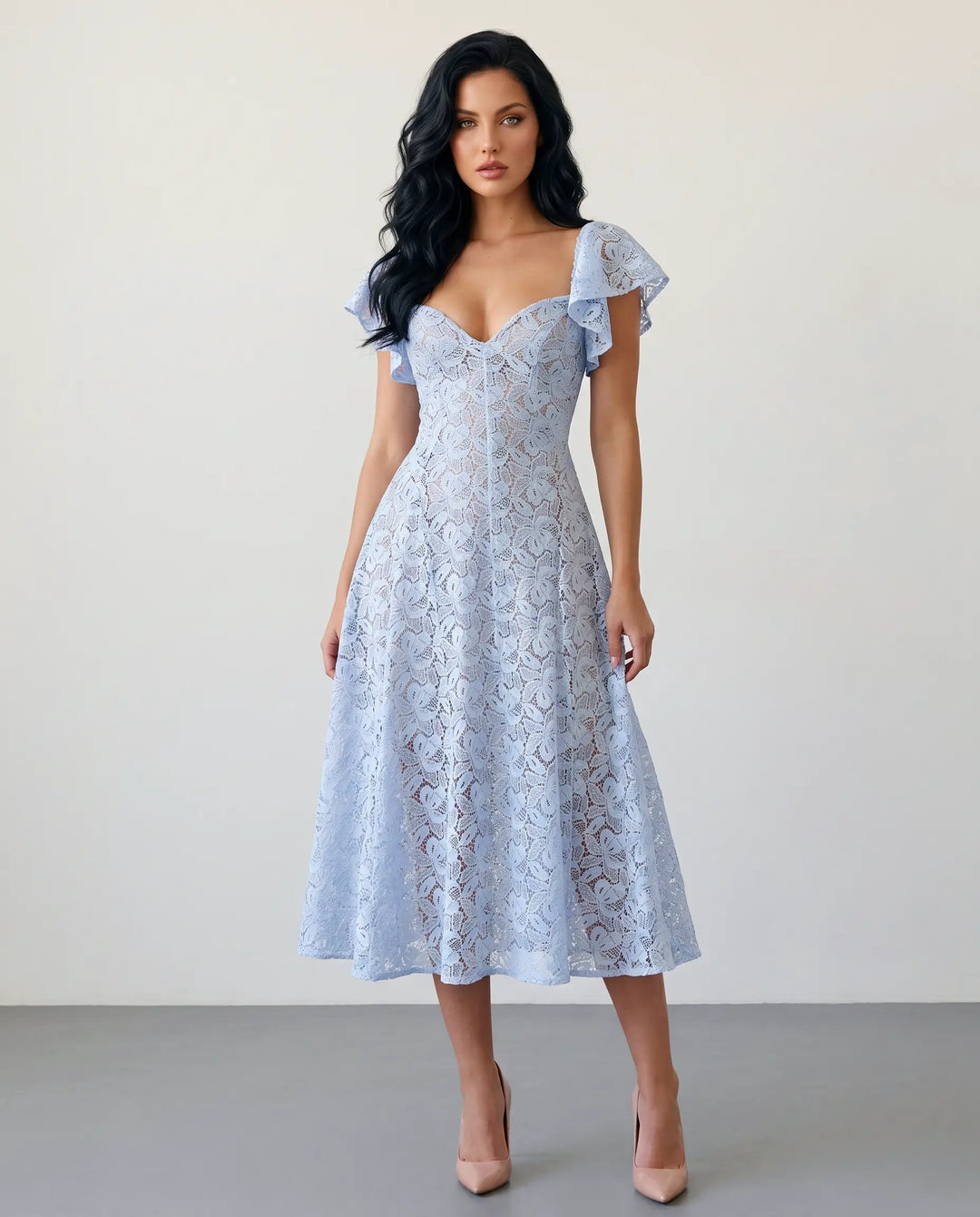 SOLACE  Sky Blue Floral Lace Fitted Waist Midi Dress 