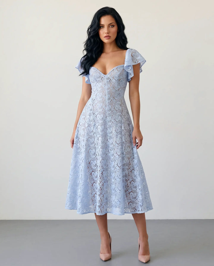 SOLACE  Sky Blue Floral Lace Fitted Waist Midi Dress 