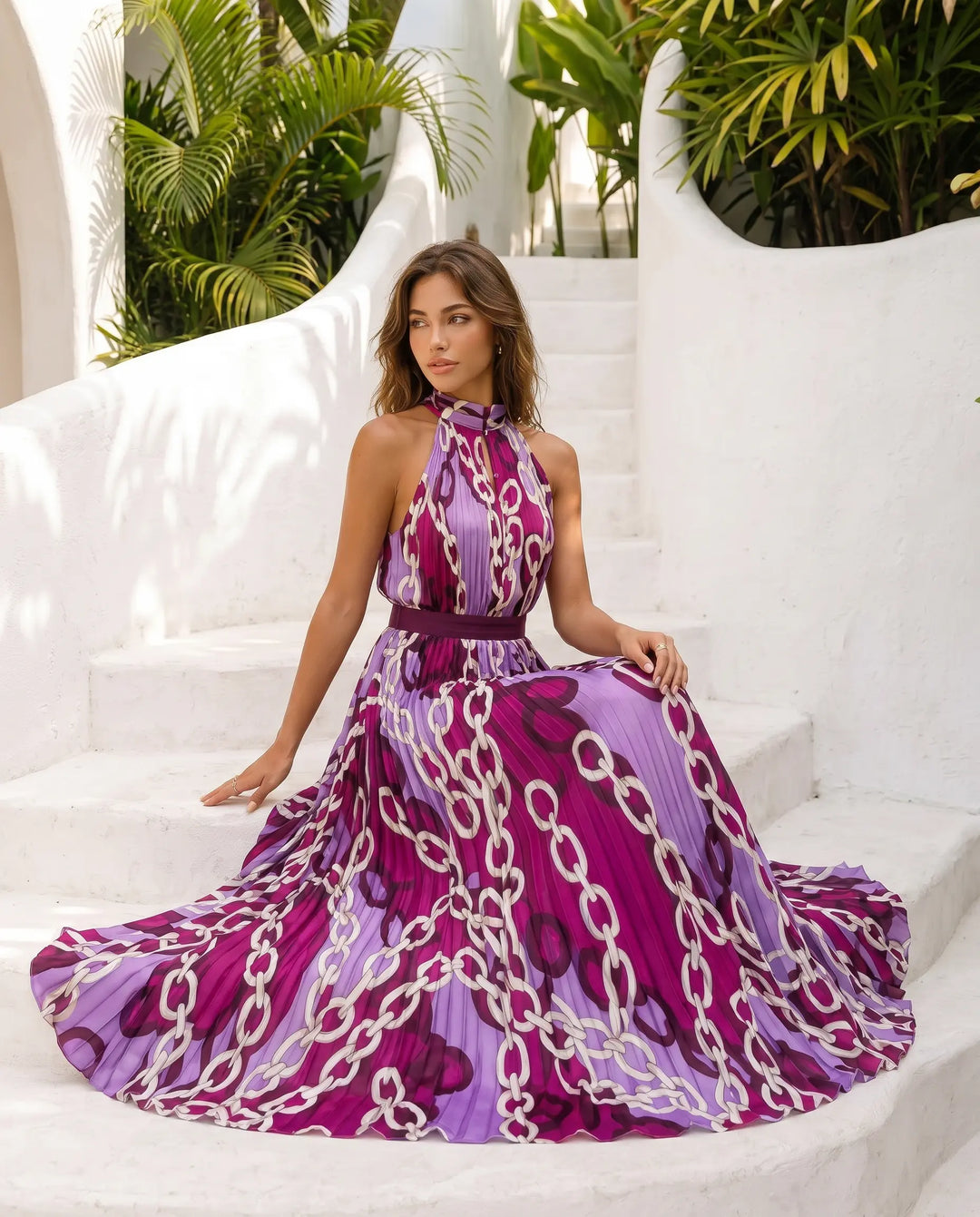 SOLACE  Purple Chain Print Halter Neck Pleated Maxi Dress 