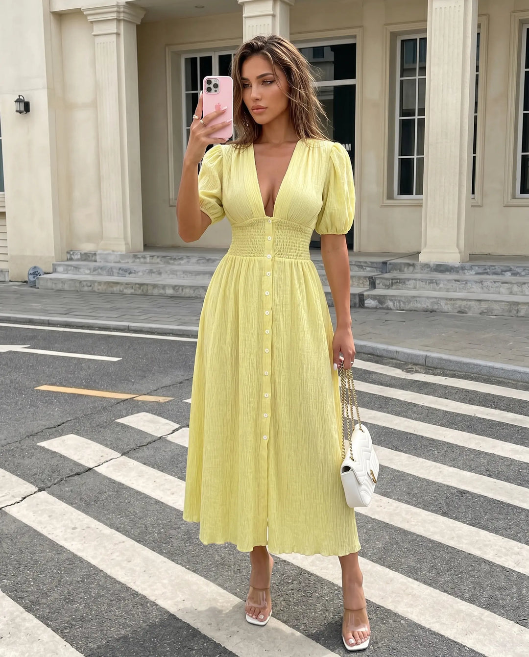 SOLACE  Yellow V-neck Button Front Smocked Slim Fit Midi Dress 