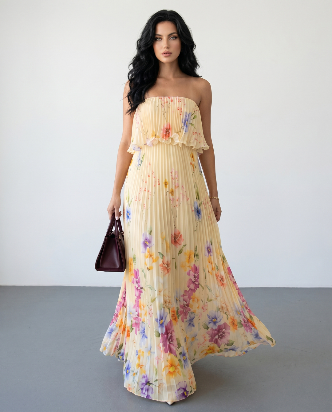 SOLACE  Yellow Floral Print Pleated Strapless Maxi Dress 