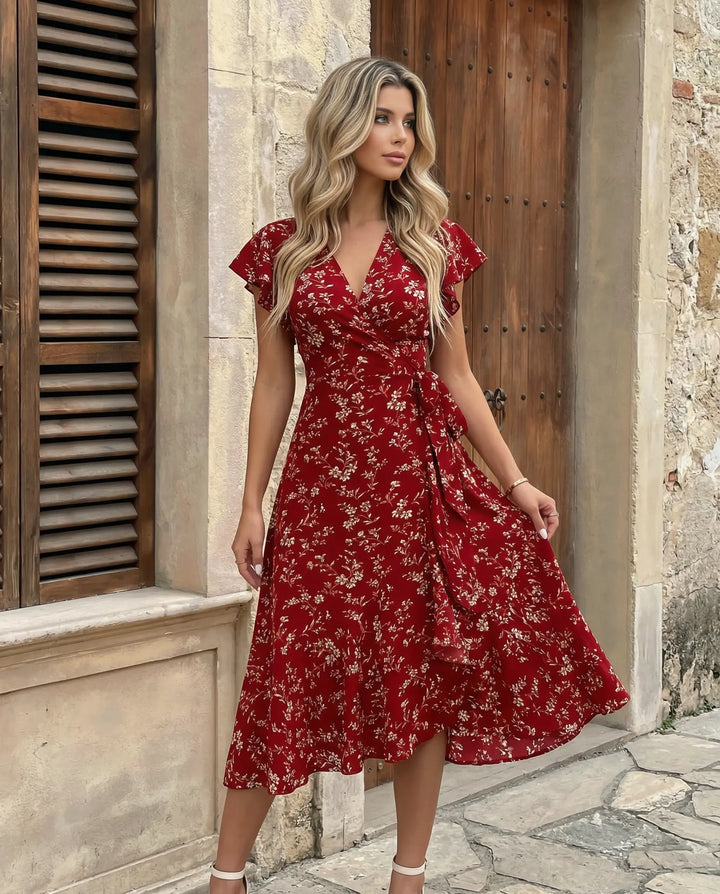 SOLACE  Red Floral V-Neck Wrap Flutter Sleeve Midi Dress 