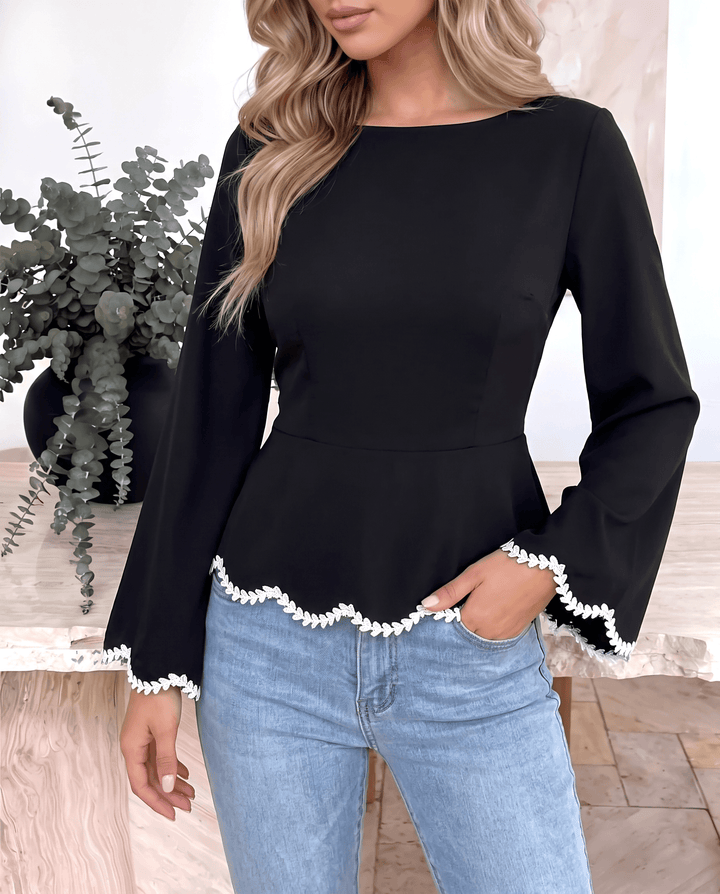 Lace Trim Back Tie Waist Long Sleeve Peplum Shirts