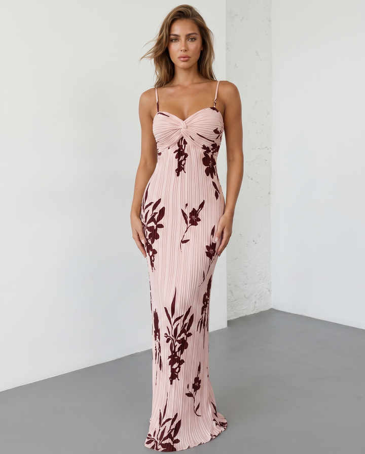 SOLACE  White Black Floral Print Twist Bust Pleated Maxi Dress 