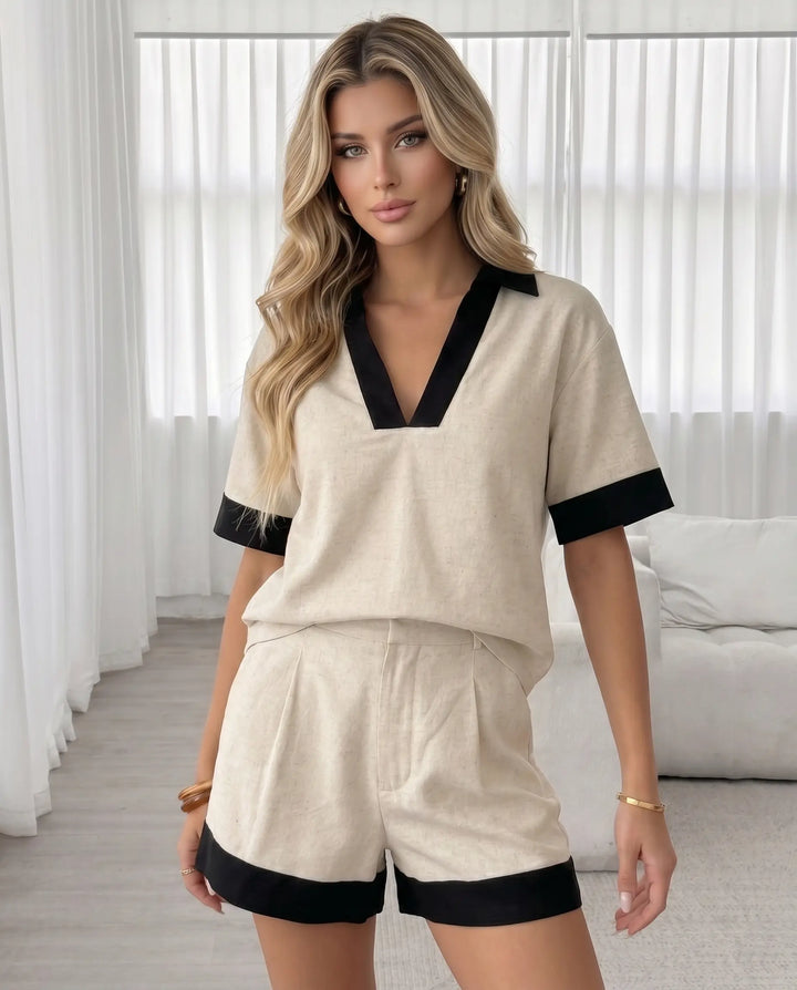 SOLACE  Beige Contrast Trim Linen Blend Two-Piece Set 