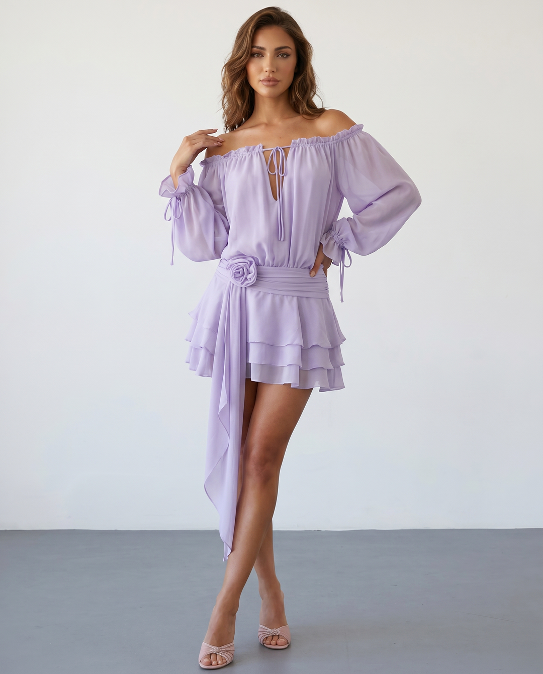 SOLACE  Beige Off-Shoulder Balloon Sleeve Ruffled with Floral Sash Mini Dress 