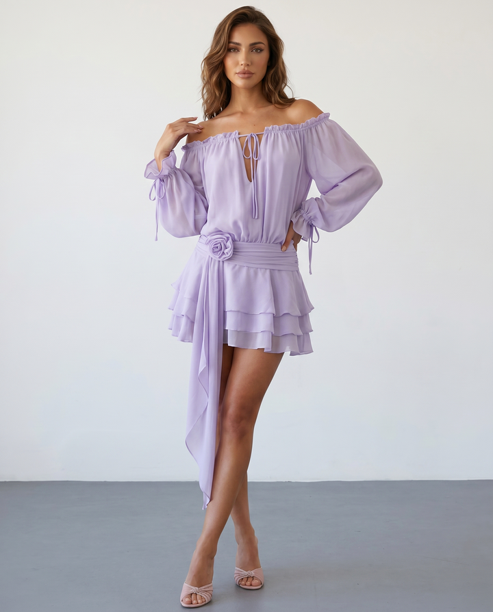 SOLACE  Beige Off-Shoulder Balloon Sleeve Ruffled with Floral Sash Mini Dress 