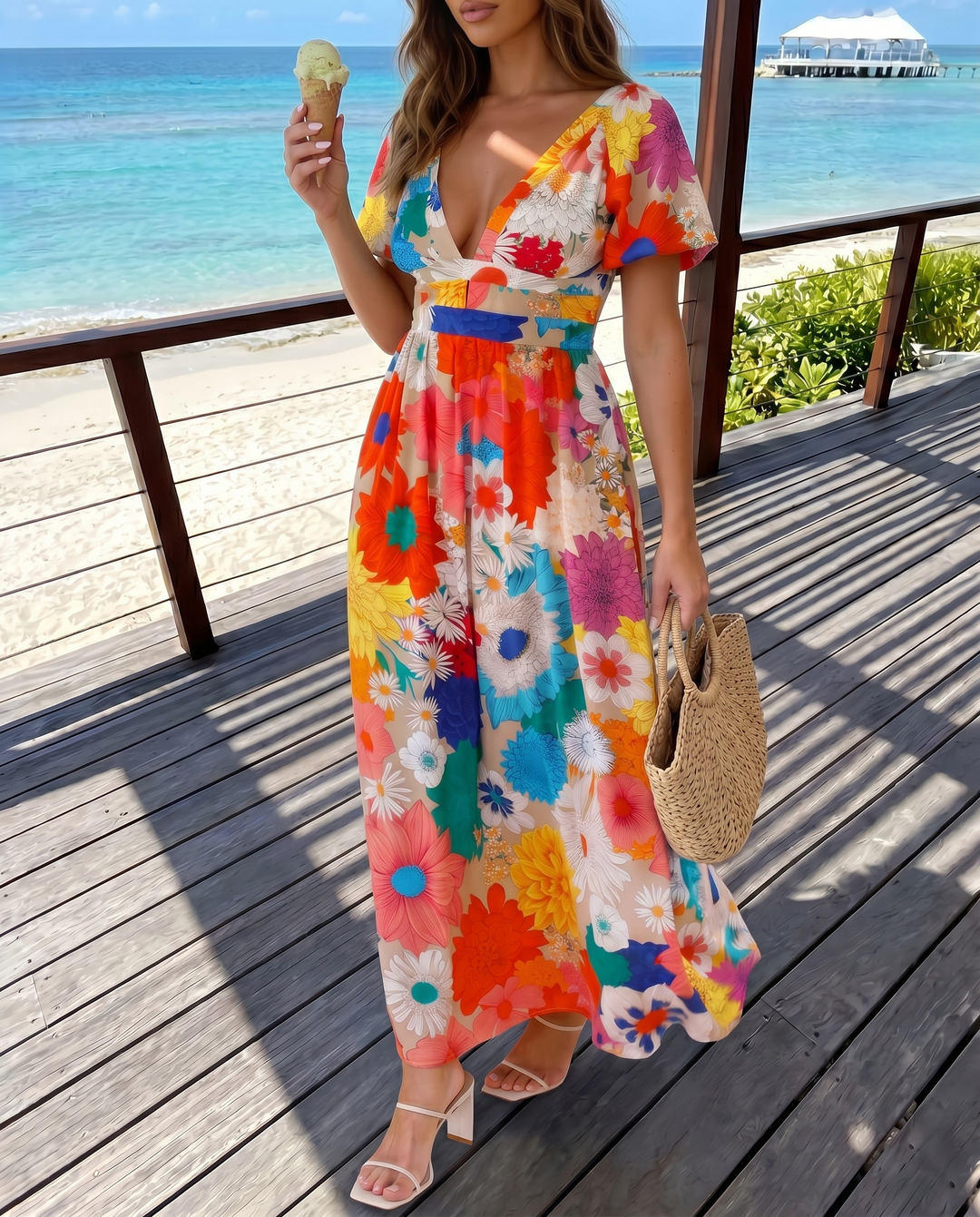 Multicolor Floral Print Deep V Neck Flutter Sleeve Midi Dress