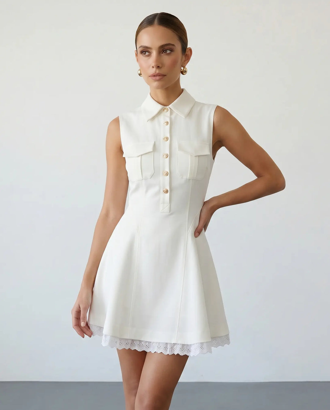 SOLACE  White Collared Gold Button Lace Trim Sleeveless Mini Dress 