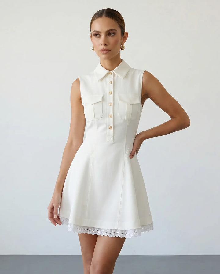 SOLACE  White Collared Gold Button Lace Trim Sleeveless Mini Dress 