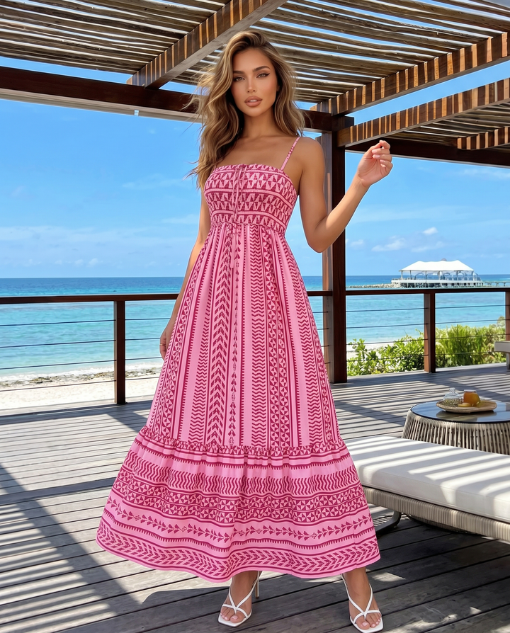 Pink Ethnic Geometric Print Spaghetti Strap Maxi Dress