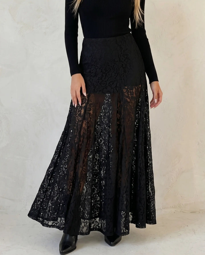 SOLACE  Black Lace High Waist Flared Maxi Skirt 