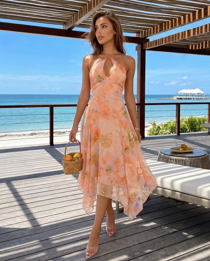 Peach Floral Halter Keyhole Asymmetric Chiffon Midi Dress