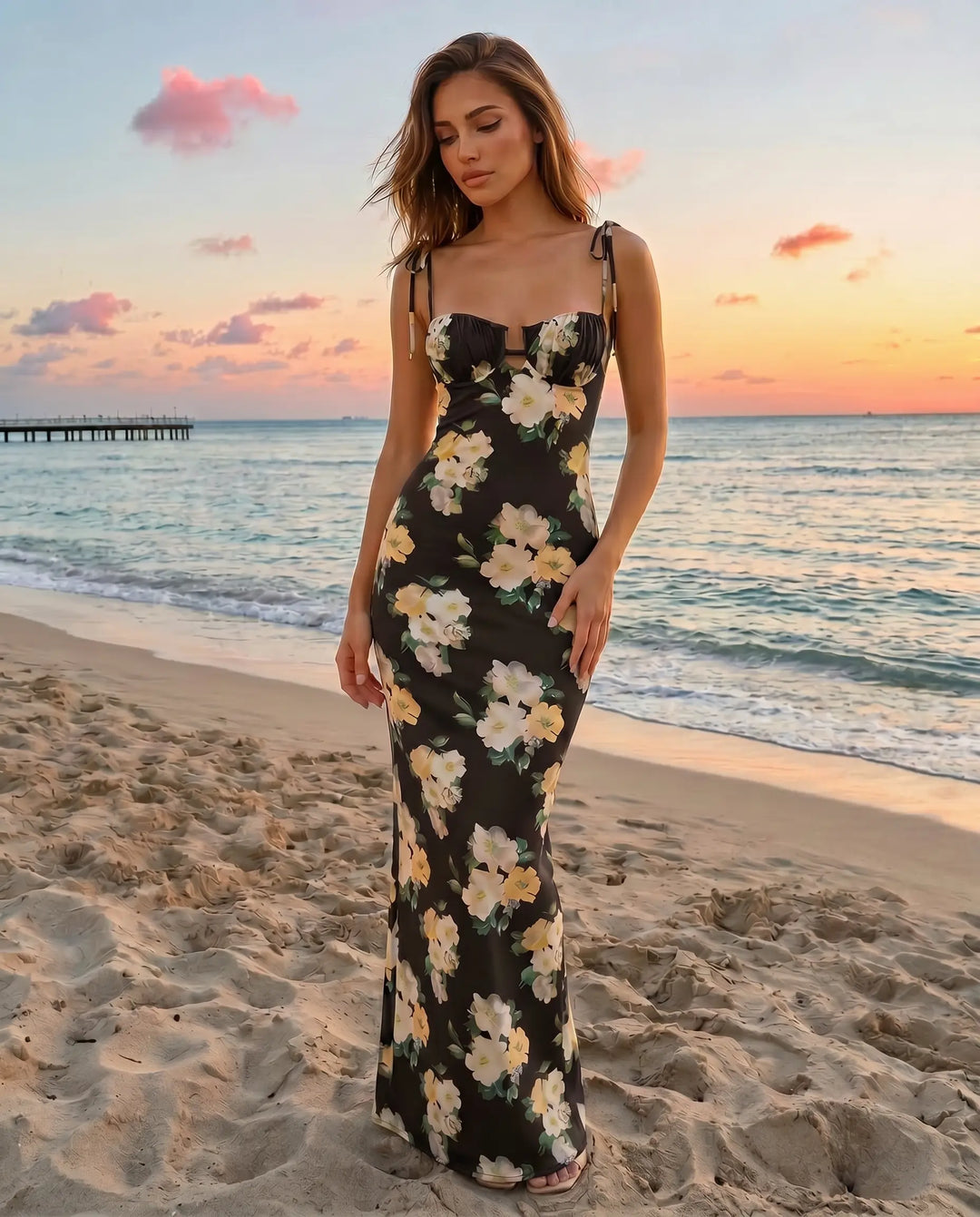 SOLACE  Floral Print Tie Strap Bustier Bodycon Maxi Dress 