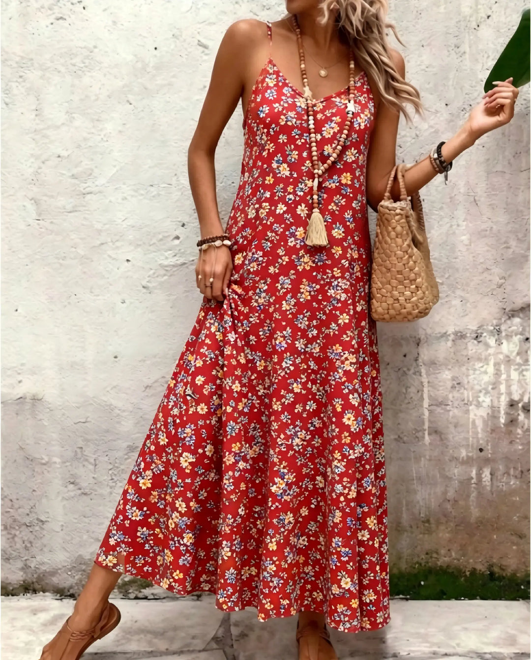 SOLACE  Red Floral Print V-Neck Spaghetti Strap Maxi Dress 