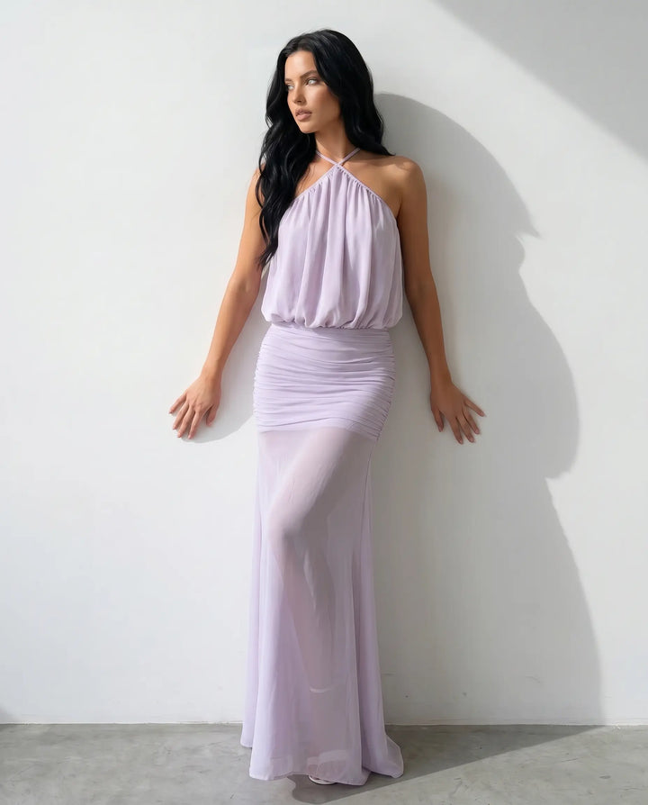 SOLACE  Lavender Flowy Chiffon Slim Fit Maxi Dress 