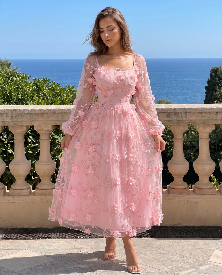 SOLACE  Pink 3D Floral Lace Square Neck Puff Sleeve Midi Dress 
