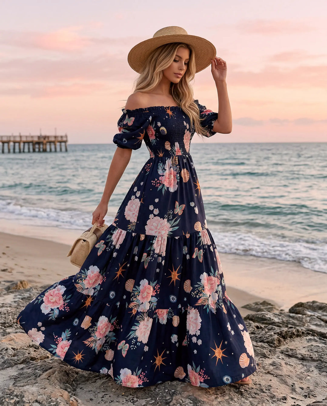 SOLACE  Navy Blue Floral Print Off-Shoulder Tiered Maxi Dress 