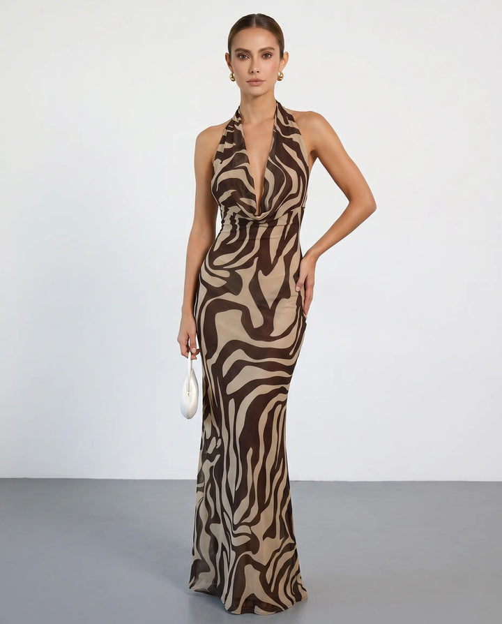 SOLACE  Brown Zebra Print Halter Neck Cowl Neck Maxi Dress 