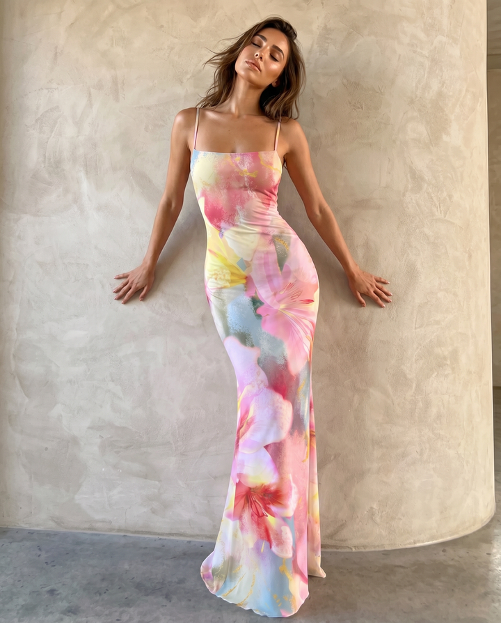 Floral Square Neck Spaghetti Strap Mermaid Maxi Dress