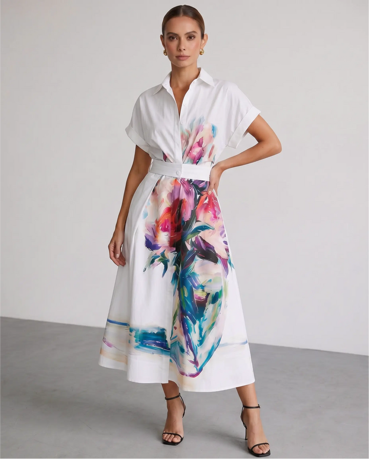 SOLACE  White Floral Print Shirt Style Midi Dress 