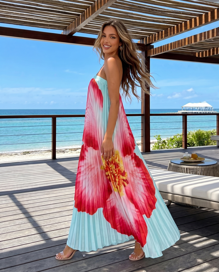 Blue Big Floral Print Strapless Pleated Maxi Dress