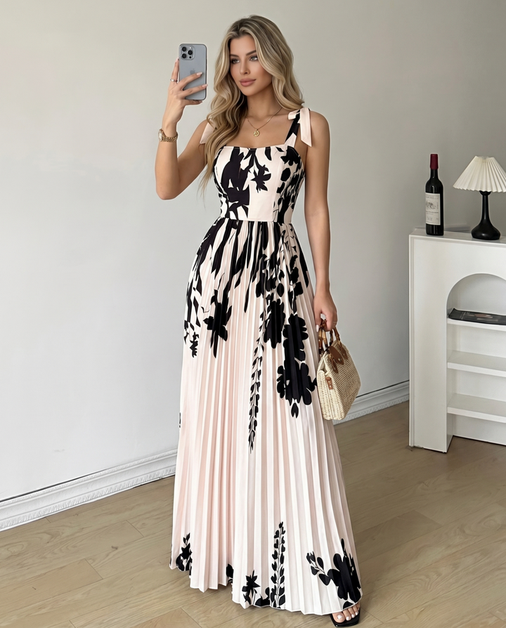 SOLACE  Cream Black Silhouette Floral Tie Strap Pleated Maxi Dress 