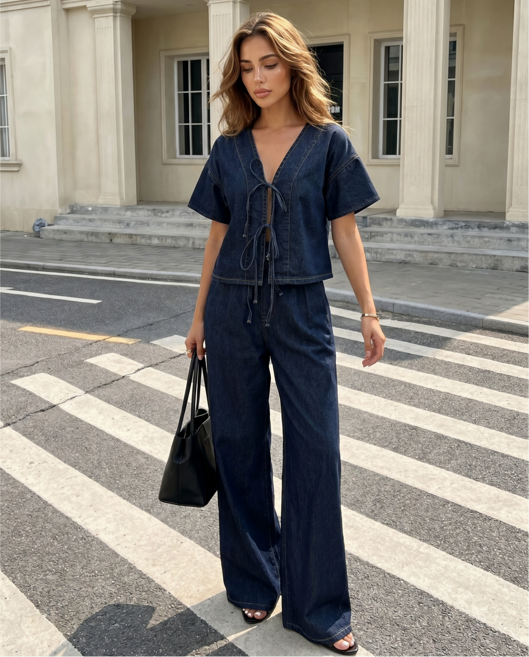 SOLACE  Dark Denim Tie Front Short Sleeve Top 