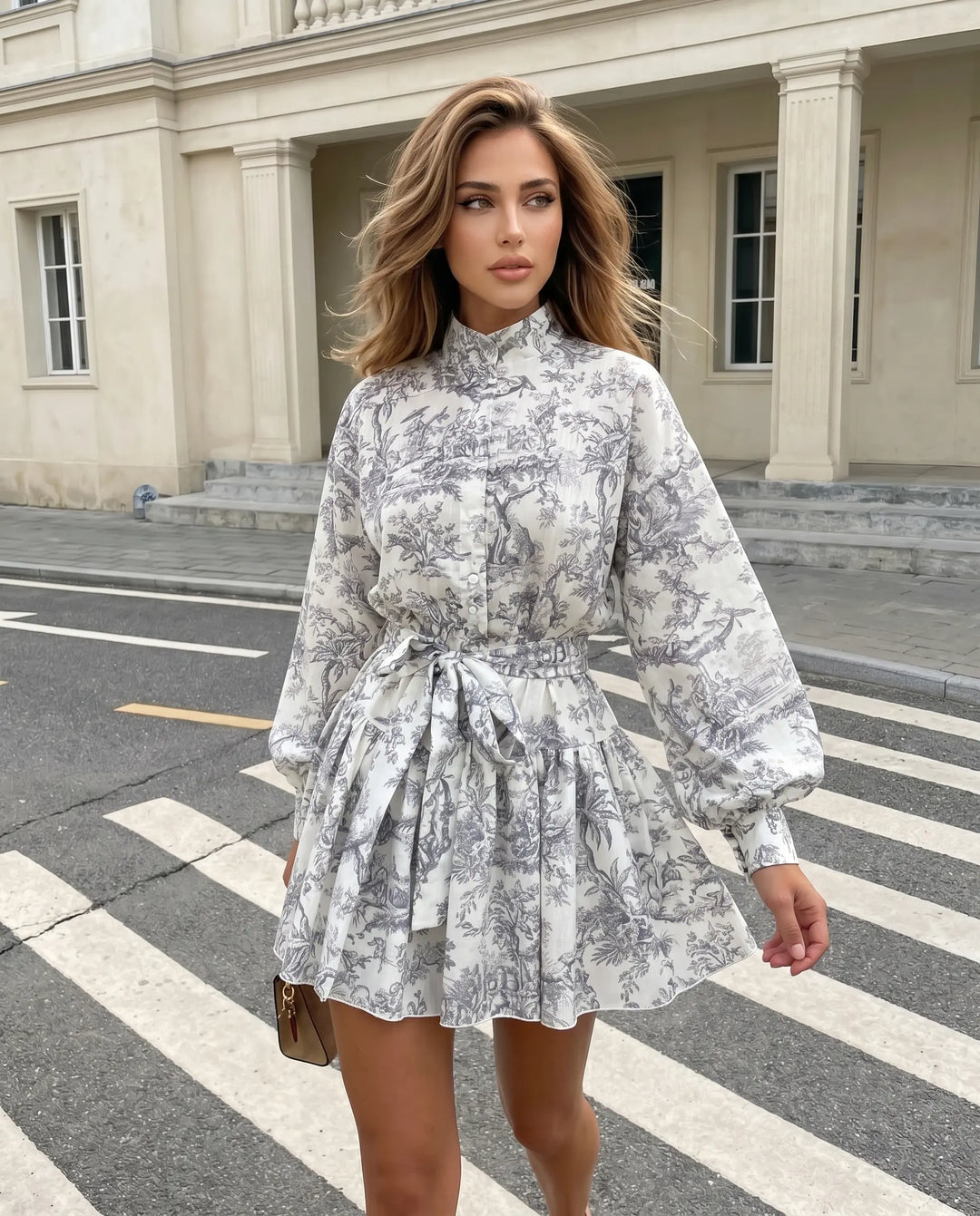 SOLACE  Gray Landscape Print High Neck Belted Long Sleeve Mini Dress 