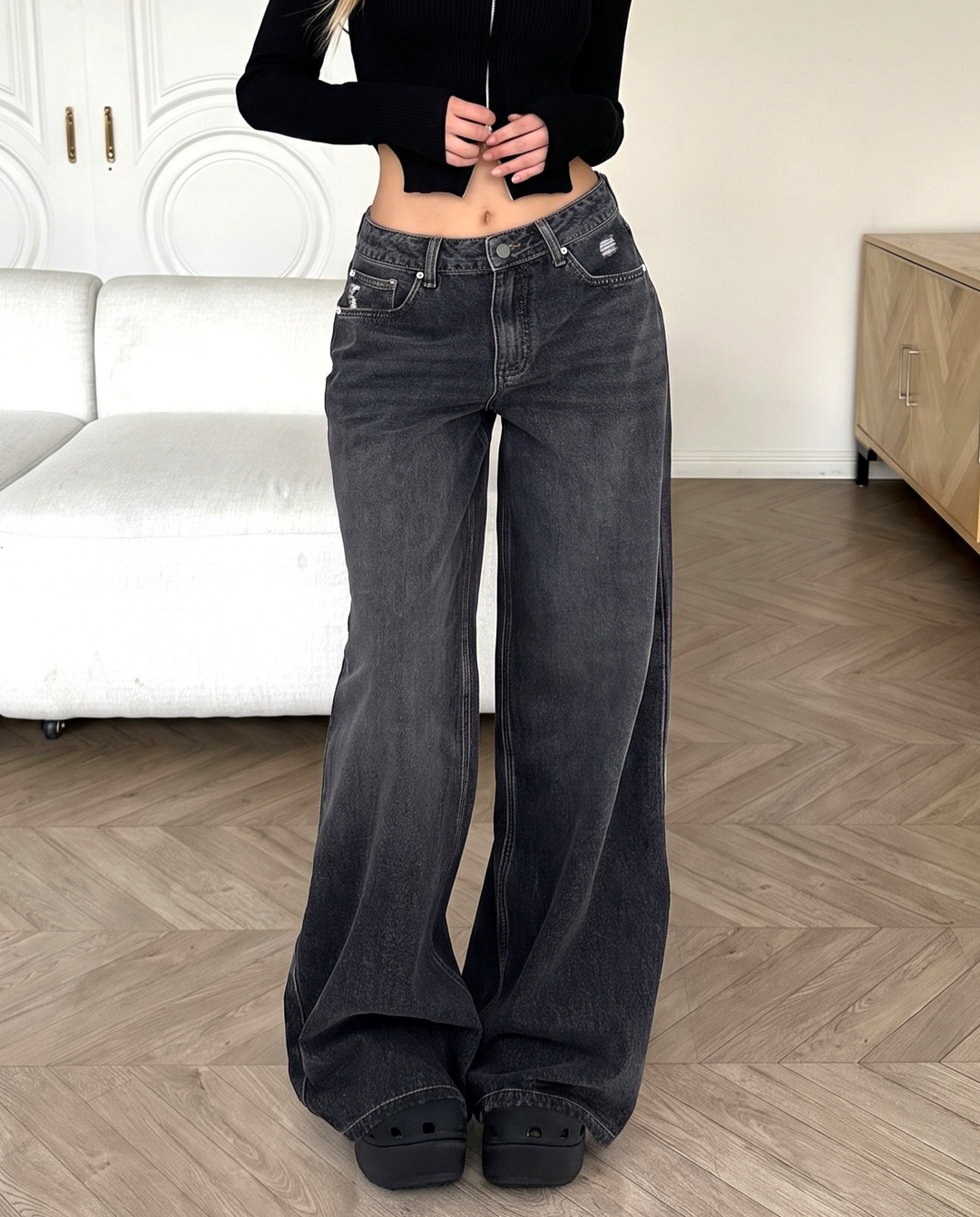 Black Washed Distressed Wide Leg Denim Jeans