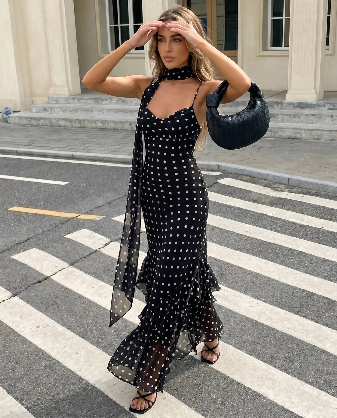 SOLACE  Black Polka Dot Ruffled Mermaid Maxi Dress 