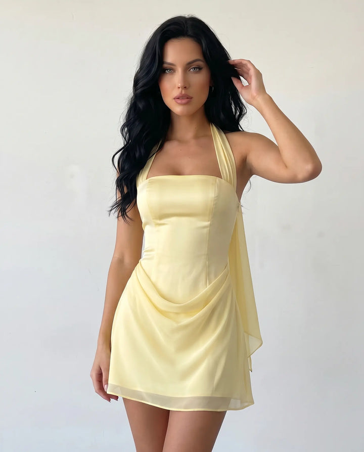 SOLACE  Yellow Halter Neck Corset Back Mini Dress 