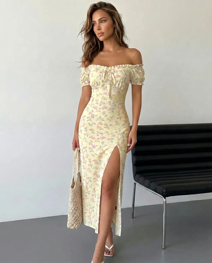 SOLACE  White Pink Floral Print Off-Shoulder Puff Sleeve High Slit Maxi Dress 