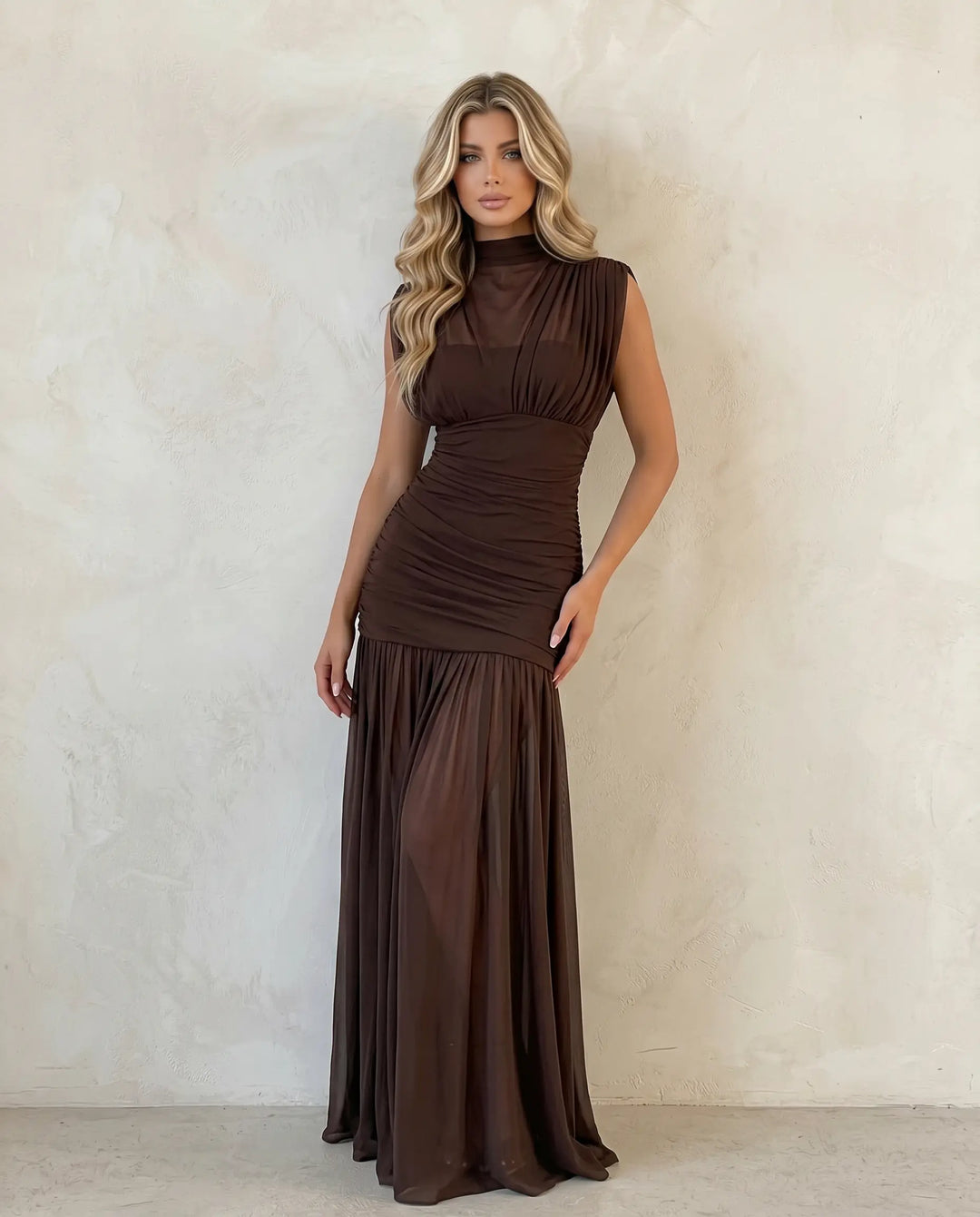 SOLACE  Brown Mesh Ruched High Neck Maxi Dress 
