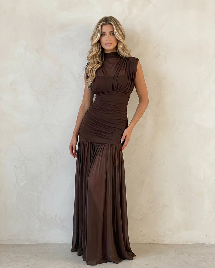 SOLACE  Brown Mesh Ruched High Neck Maxi Dress 