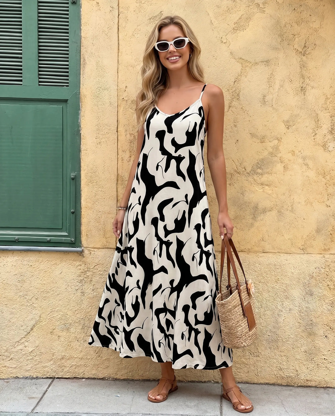 SOLACE  White Abstract Print V-Neck Spaghetti Strap Maxi Dress 