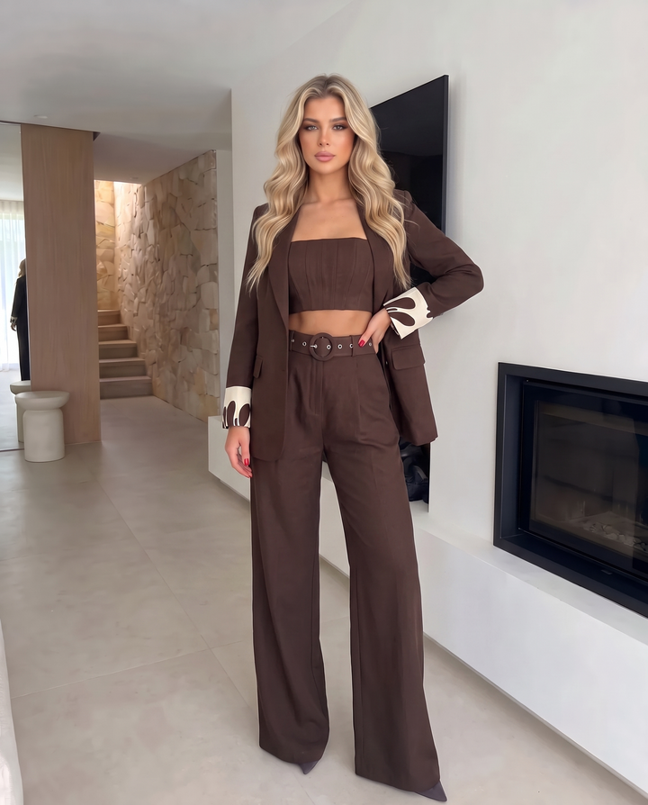 Contrast Cuff Wide Leg Pants 3 Piece Suit Set