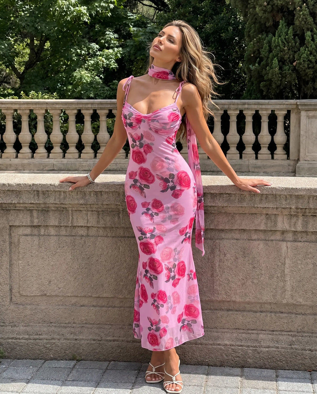 SOLACE  Pink Rose Print Spaghetti Strap Mesh Midi Dress 