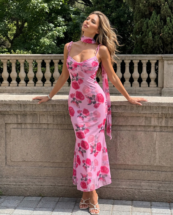 SOLACE  Pink Rose Print Spaghetti Strap Mesh Midi Dress 