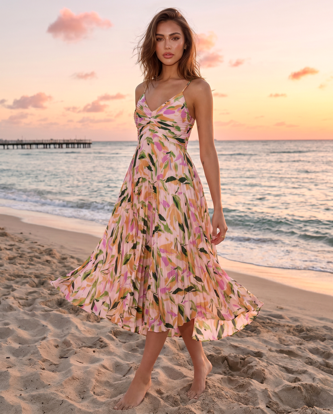 SOLACE  Multicolor Abstract Floral Ruched V Neck Pleated Midi Dress 