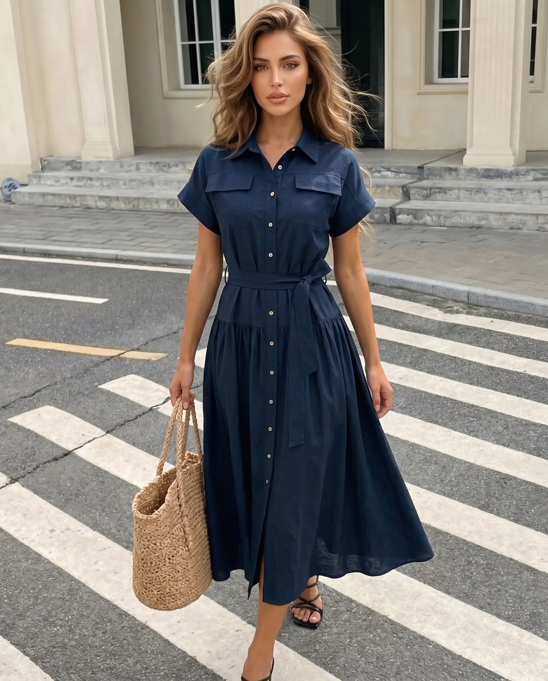 SOLACE  Navy Blue Belted Linen Blend Midi Shirt Dress 